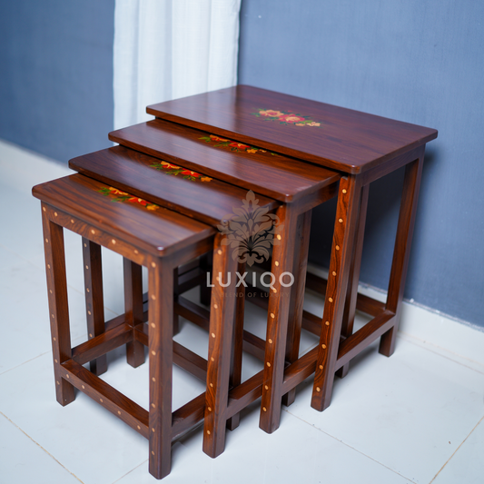 Wooden Shisham (Indian Rosewood) Rose Colourful Inlay Nesting Table Set-Premium Quality