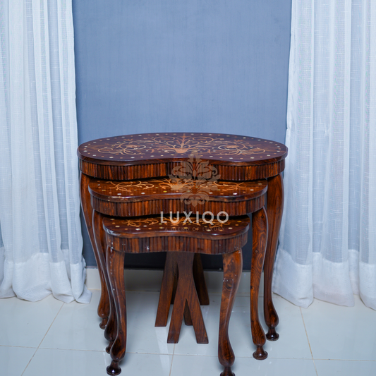 Wooden Shisham (Indian Rosewood) Captain Kidney Inlay Nesting Table Set Of 3-Premium Quality