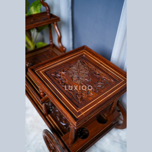 Wooden Shisham (Indian Rosewood) Mesh Multi Step French Carving Tea Trolley-Best Quality
