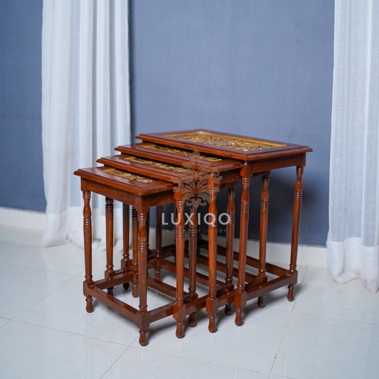 Wooden Shisham (Indian Rosewood) Gold Italian Carving Nesting Table Set-Best Quality