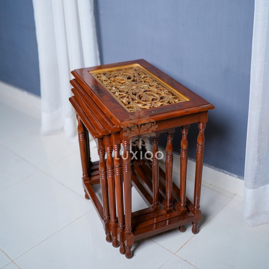 Wooden Shisham (Indian Rosewood) Gold Italian Carving Nesting Table Set-Best Quality