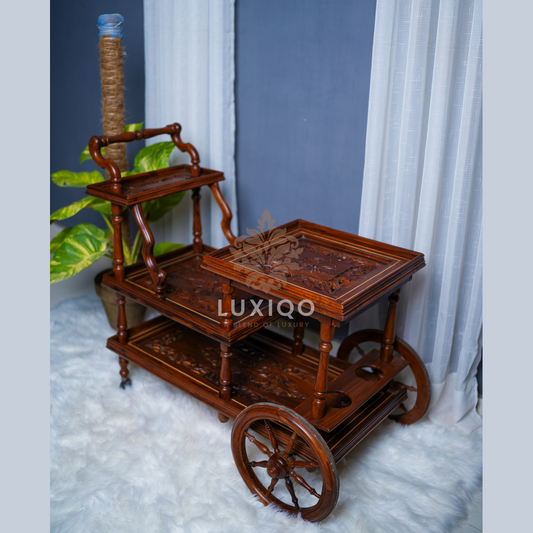 Wooden Shisham (Indian Rosewood) Mesh Multi Step French Carving Tea Trolley-Best Quality